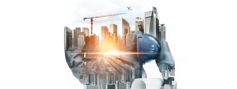 Conceito de projetos industriais com capacete de segurança e skyline urbano ao fundo.