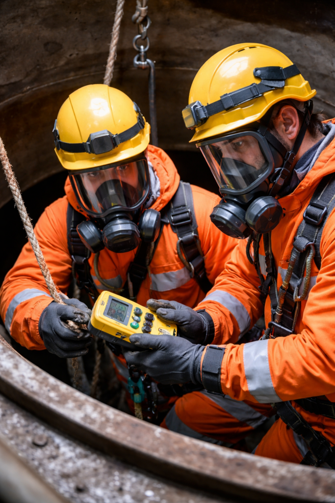 Trabalhadores equipados com EPI realizando monitoramento de gases em espaço confinado com detector multigases antes da entrada no ambiente