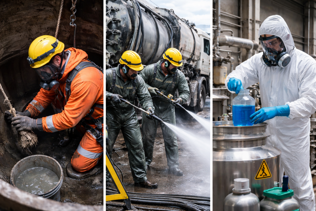 Trabalhadores realizando limpeza técnica manual, mecanizada e química em ambientes industriais com uso de EPIs e equipamentos especializados